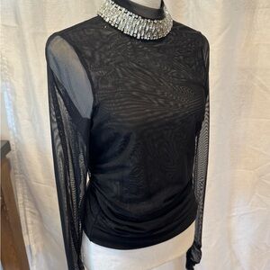Cinq à Sept Black Sheer Blouse with Embellished Collar
